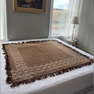 Vintage Turkish Brown/Cream Flatweave 100% Cotton Fringe Blanket Coverlet